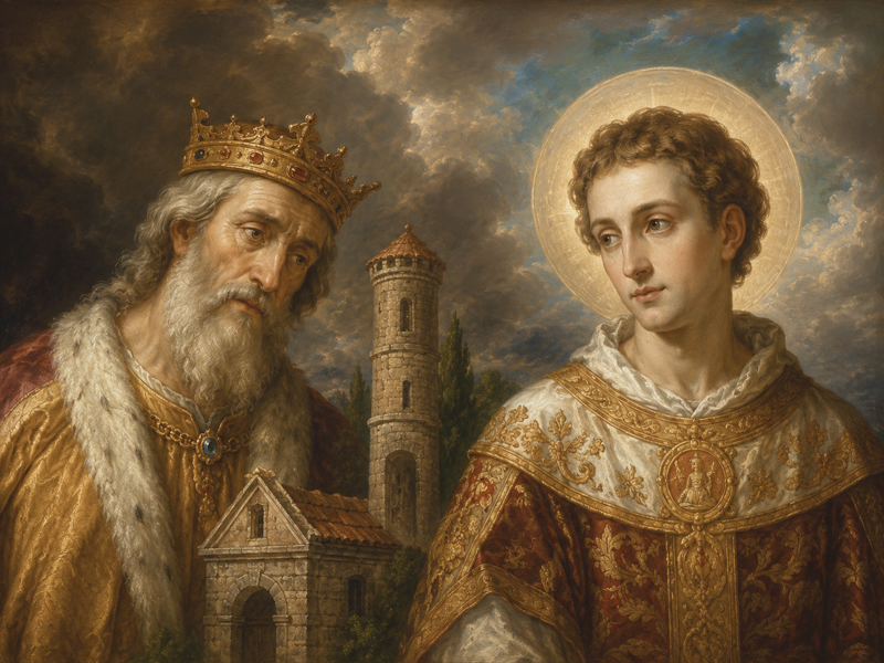 A crowned ruler and an ecclesiastical figure