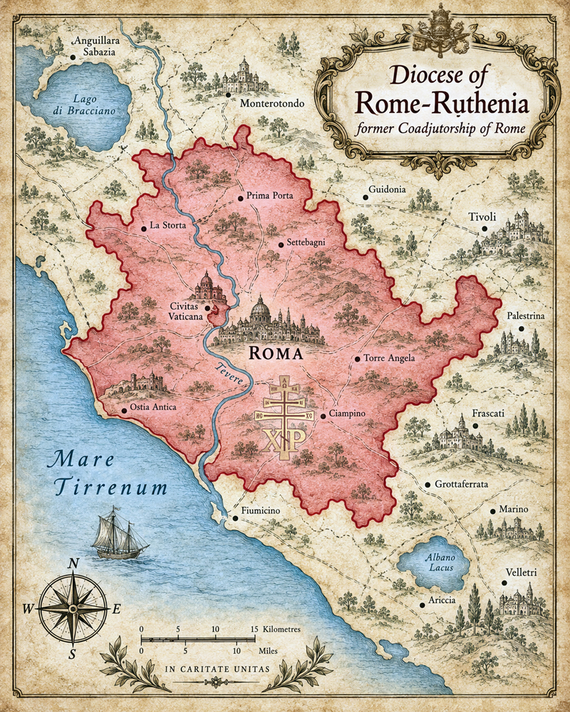 Stylized map of the Diocese of Rome-Ruthenia and its historic Roman territorial scope